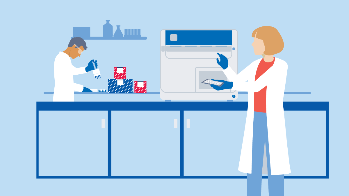 illustration of scientist in laboratory, one doing dPCR with QIAcuityDx,